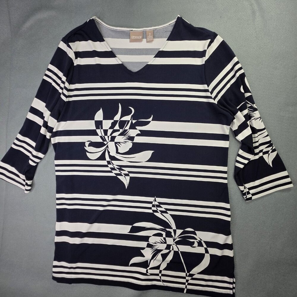 Chico's Black and White Striped Floral V-Neck Tunic